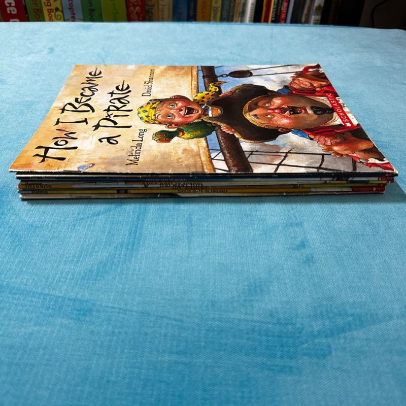 8 caldecott writer David Shannon books (No, David, a bad case of stripes, how I became a pirate, duck on a bike, etc)