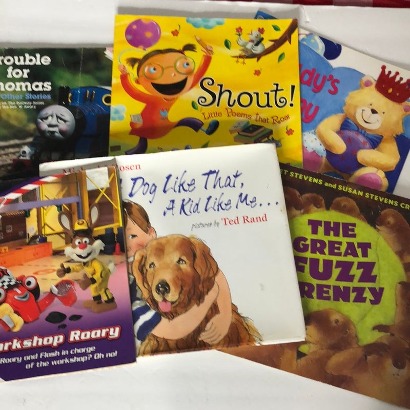 Set of 6 thin Kids books including The Workshop Roary