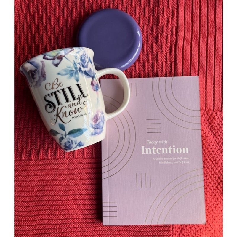 Book & Mug Bundle Guided Journal Softcover Sewn Today with Intention Be Still  Lidded Ceramic Mug 