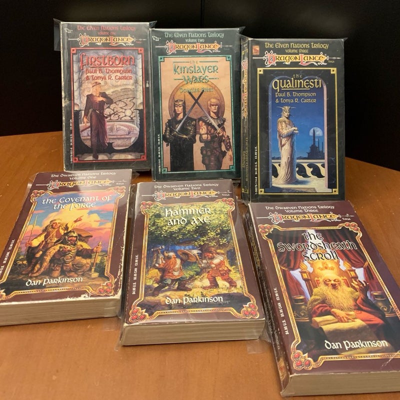 Vintage 1991 First Edition DragonLance: Complete Elven Nations & Dwarven Nations Trilogy Set: Firstborn, The Kinslayer Wars, The Qualinesti, The Covenant of the Forge, Hammer and Axe, The Swordsheath Scroll