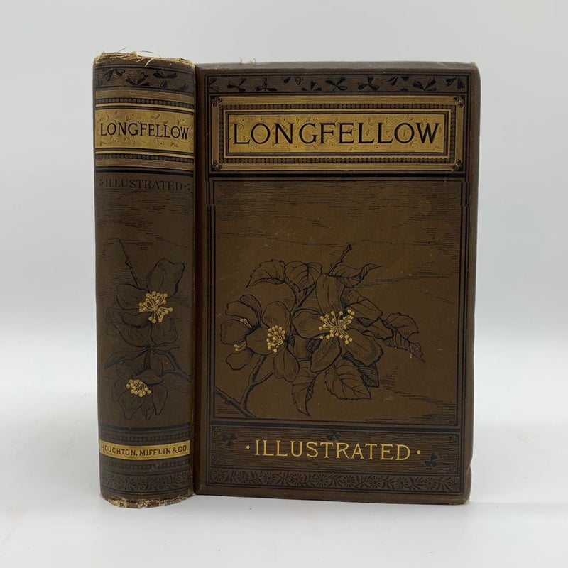 Poetical Works of Longfellow,3 volumes,complete set,1879-1883,brown store morocco leather,gold gilt,poetry,large books,Illustrated,