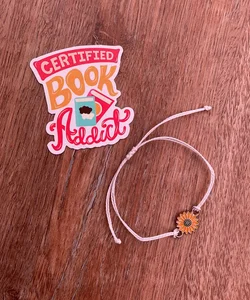 Bookish sticker and Sunflower charm bracelet 