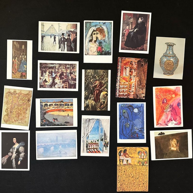 Set of 17 vintage postcards featuring artworks from the 20th century,