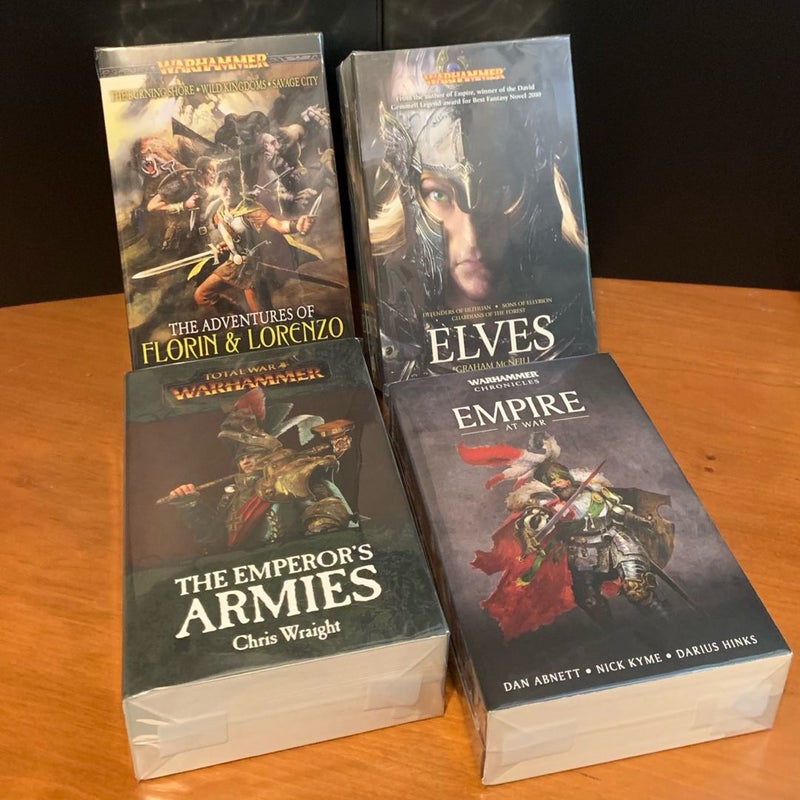 Warhammer Fantasy Omnibus Set: The Adventure of Florin & Lorenzo, Elves, The Emperor’s Armies, Empire at War: Contains the Novels: The Burning Shore, Wild Kingdoms, Savage City, Defenders of Ulthuan, Sons of Ellyrion, Guardians of the Forest, Sword of Vengeance, Sword of Justice, Riders of the Dead, Grimblades, Warrior Priest, Swords of the Empire, and many short stories