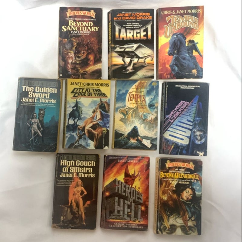Bundle of 10 vintage books by Janet Morris, fantasy novels books. City at the edge of time, Heroes Hell ect. 
