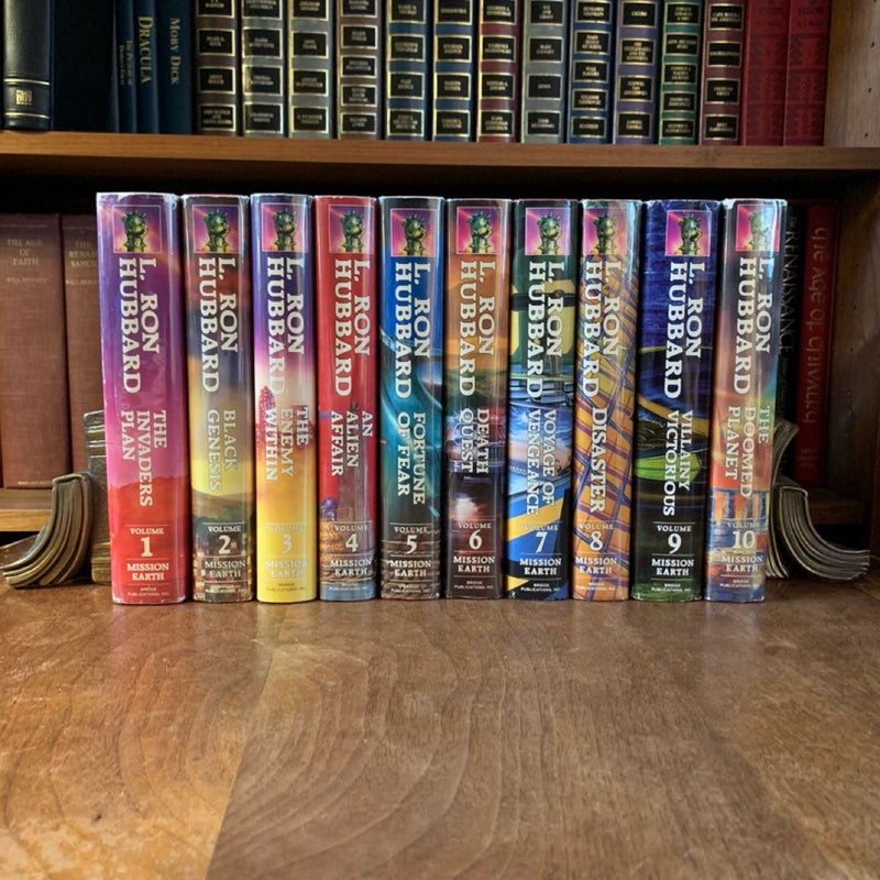 Complete Mission Earth First Edition Dekalogy , Books 1-10: The Invaders Plan, Black Genesis, The Enemy Within, An Alien Affair, Fortune of Fear, Death Quest, Voyage of Vengeance, Disaster, Villianious Victory, The Doomed Planet 