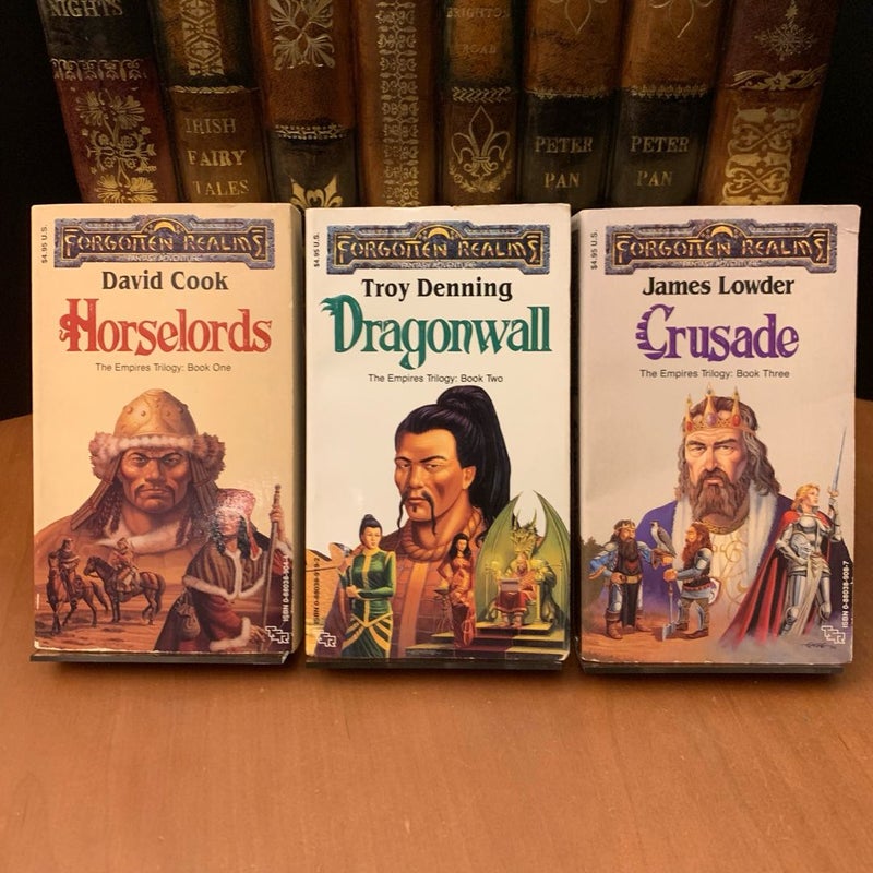 3 Complete Forgotten Realms Trilogy Set: Empires, Finder’s Stone, Moonshae: Horselords, Crusade, Dragonwall, Azure Bonds, The Wyvern’s Spur, Song of the Saurials, Darkwalker on Moonshae, Black Wizards, Darkwell