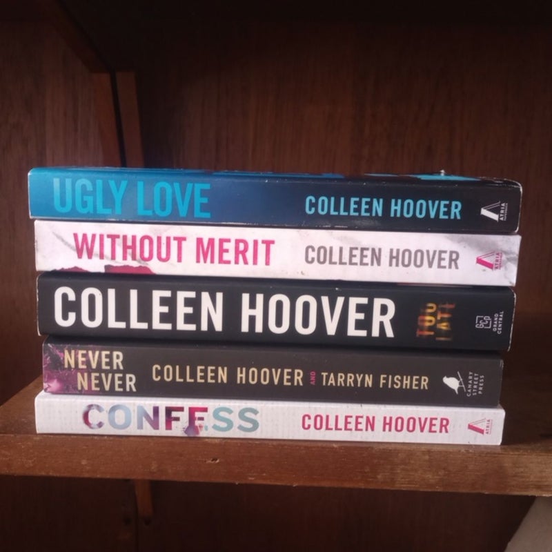 Colleen Hoover book bundle - Ugly Love, Without Merit, Too Late, Never Never, and Confess