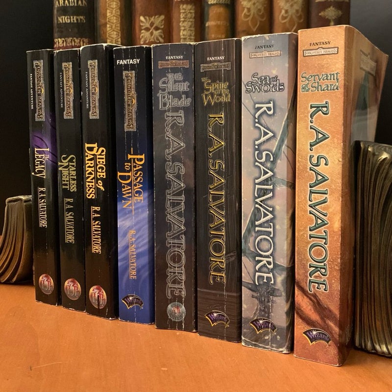 Legend of Drizzt, Complete Legacy of the Drow & Paths of Darkness Series: The Legacy, Starless Night, Siege of Darkness, Passage to Dawn, The Silent Blade, The Spine of the World, The Sea of Swords, Servant of the Shard