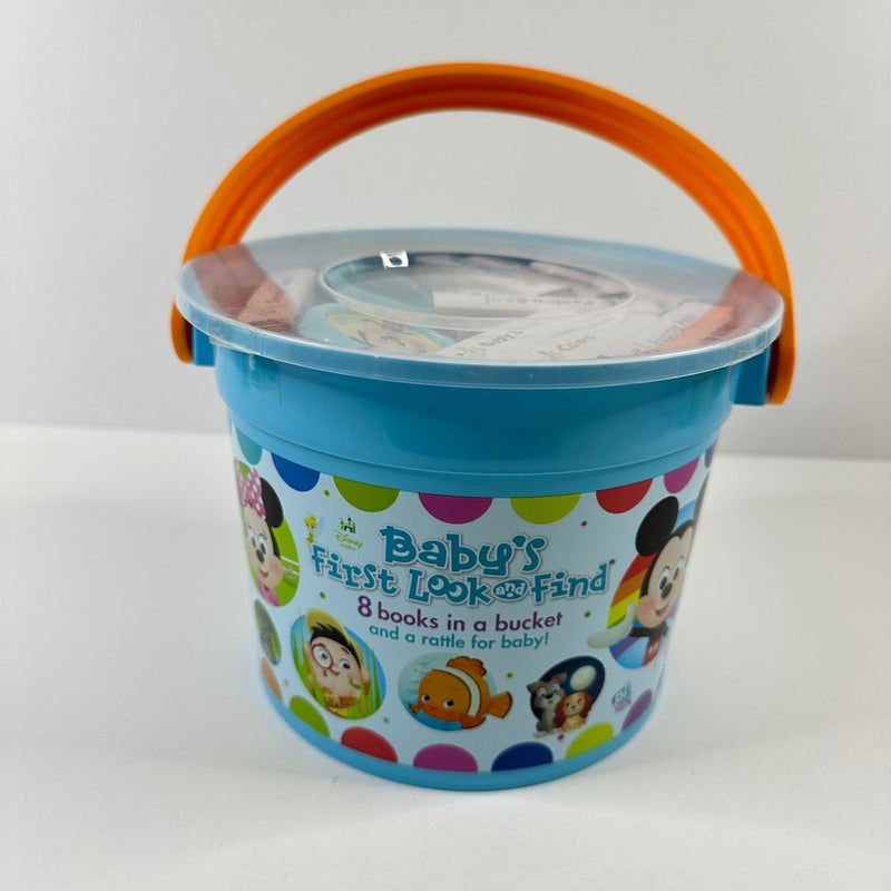 Disney Baby’s First Look and Find Board Book in a Bucket, NEW, 8 Books & Rattle