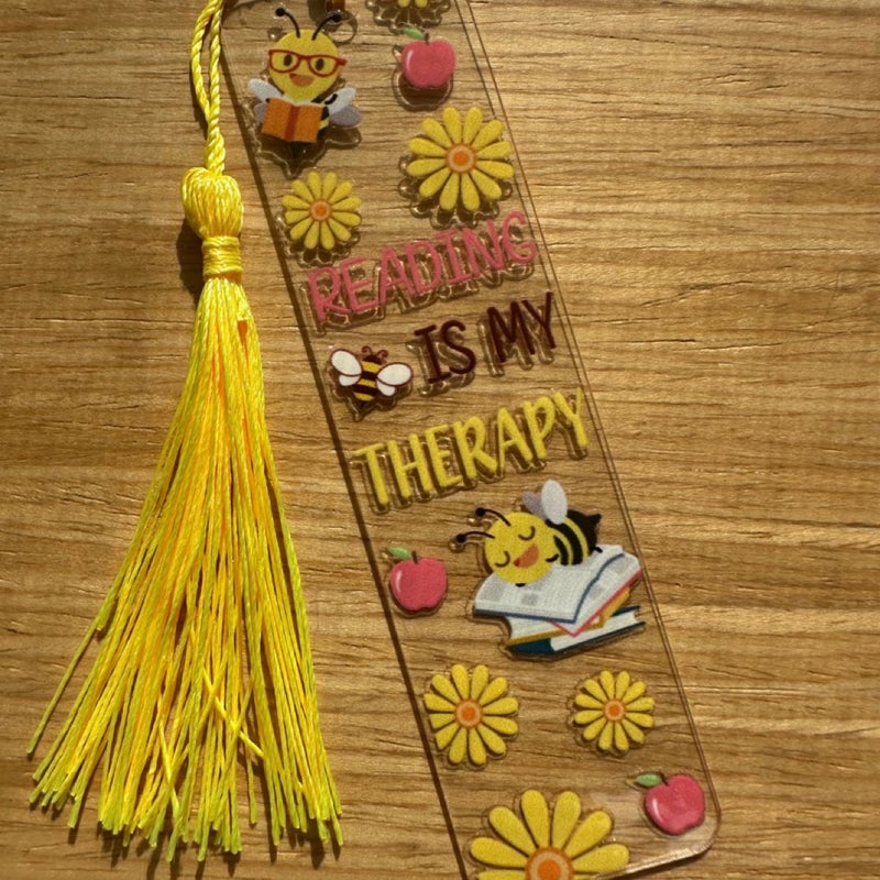 “Reading is my therapy” bee and floral acrylic bookmark