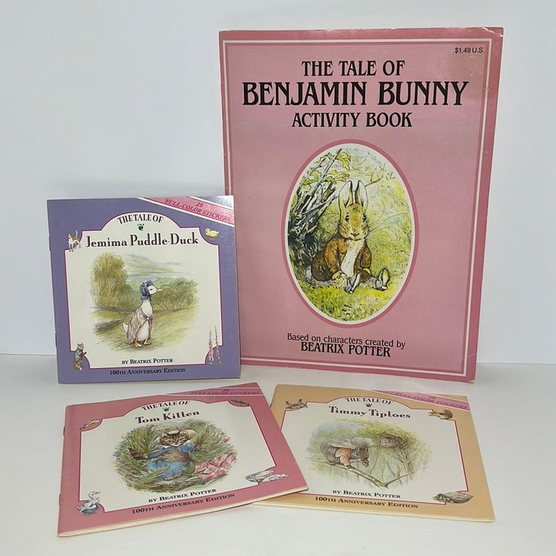 Beatrix Potter 1993’s  (4 Book) Bundle: The Tale of Benjamin Bunny Activity Book & Three Sticker Storybooks: Jemima Puddle-Duck, Tom Kitten,& Timmy Tiptoes