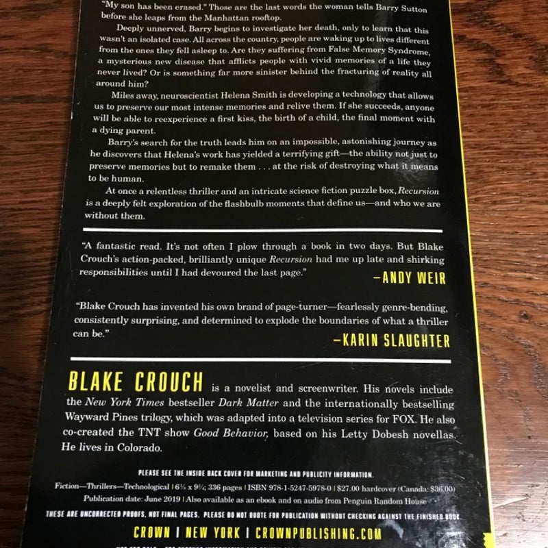 ARC Uncorrected Proof, RECURSSION by Blake Crouch, Science Fiction / Fantasy, Paperback
