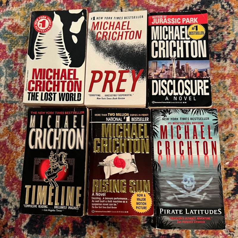 6 PB Lot Michael Crichton: Lost World, Prey, Pirates & Latitudes, Disclosure