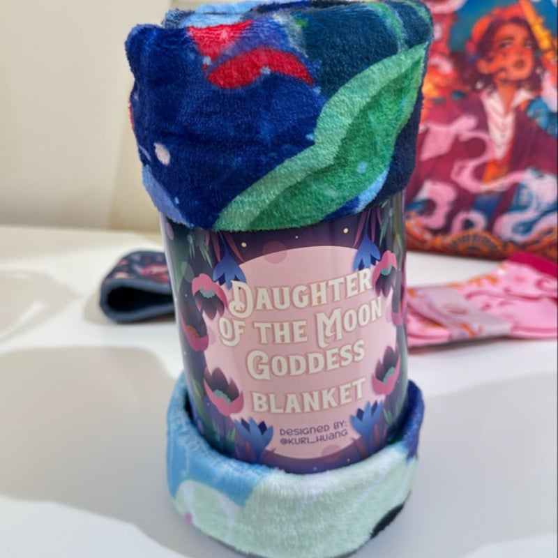 Fairyloot Item Bundle: Daughter of the Moon Goddess blanket, Once Upon a Broken Heart socks, A Tempest of Tea book sleeve, A Language of Dragons headband, and The Rose Bargain embroidery kit