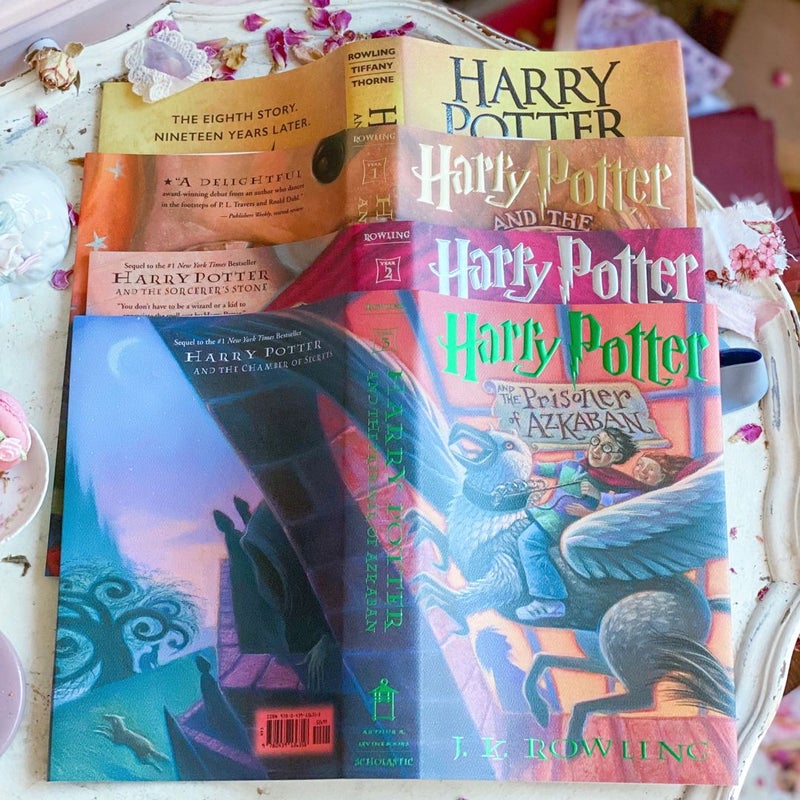 RARE Harry Potter set of 7 Dust Jackets + Bonus Cursed Child Jacket