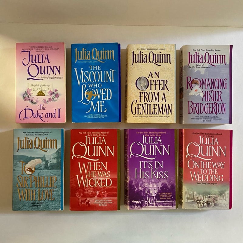 The Duke and I; The Viscount Who Loved Me; An Offer From a Gentleman; Romancing Mister Bridgerton; To Sir Phillip, With Love; When He Was Wicked; It’s In His Kiss; On the Way to the Wedding; Complete Bridgerton Bundle/Lot of 8 with Stepbacks