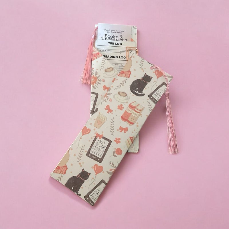 Book Lover’s Bookmark Pouch – TBR and Reading Log Set with Cats & books valentine heart design, Bookish Paperclips and Sticker