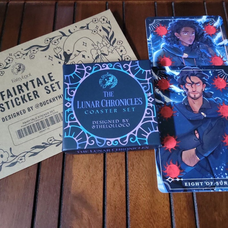 Fairyloot's Sleep Like Death box articles: Coaster, Tarot Cards, Stickers and Basket