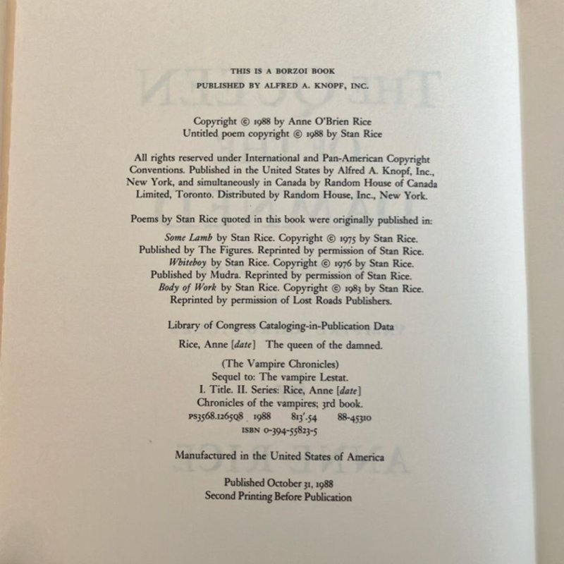 The Queen of the Damned (Second Printing Before Publication, 1988)