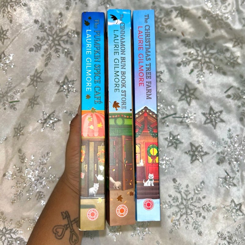 The Christmas Tree Farm, the pumpkin spice cafe, and the cinnamon bun book store 