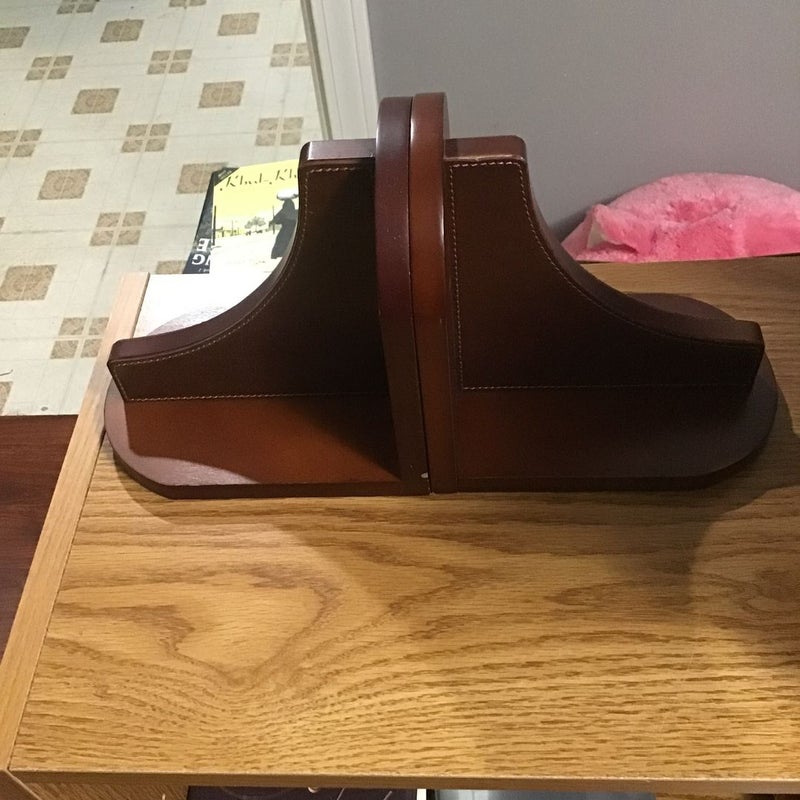 Leather and wood bookends