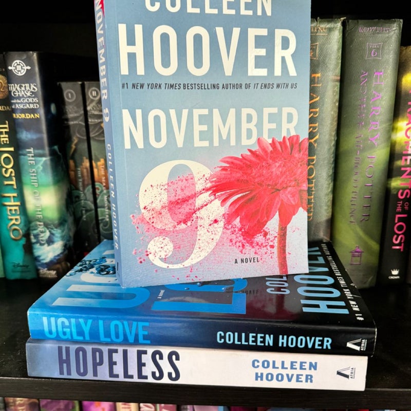 3 Colleen Hoover Book Bundle- Ugly Love, November 9, Hopeless- Good Conditions