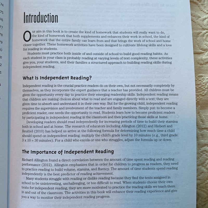 Homework Pages for Independent Reading