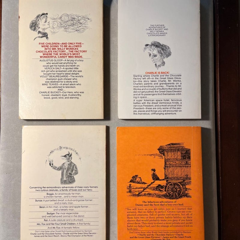 Vintage Childrens Book Set: Roald Dahl - Charlie and the Chocolate Factory, Glass Elevator, Fantastic Mr Fox, Danny Champion of the World