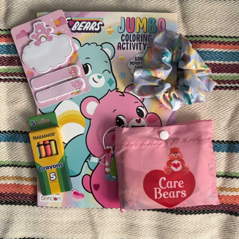 Care Bears, jumbo coloring, book, swag bag, sticky notes, scrunchie, and small crayon box