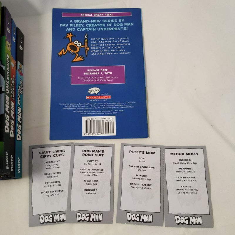 Dog Man Lot of 4: #1, 2, 3, & 10, Cat Kid Sampler & Cards