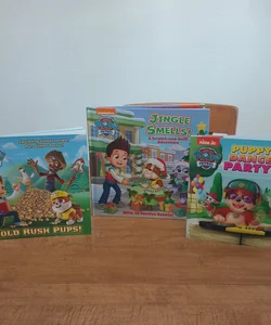 3 Paw Patrol books: Jingle Smells!, Puppy Dance Party!, and Gold Rush Pups!