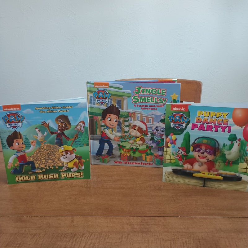 3 Paw Patrol books: Jingle Smells!, Puppy Dance Party!, and Gold Rush Pups!