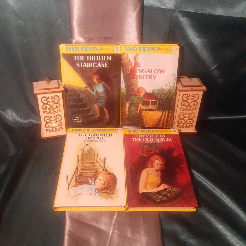 Nancy Drew book lot 2, 3, 15, & 24: the Hidden Staircase, Bungalow Mystery, Haunted Bridge, Clue in the Old Album