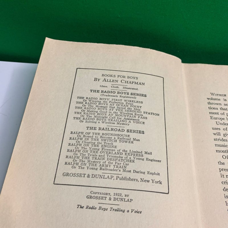 THE RADIO BOYS TRAILING A VOICE Allen Chapman First Edition 1922 Antique Book