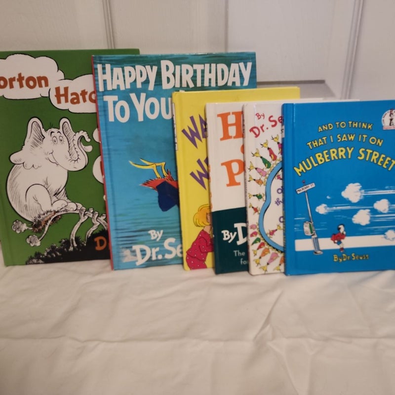 Lot of 6. Horton Hatches the Egg. Happy Birthday to you. Wacky Wednesday. Hop on Pop. Oh, The Thinks you Can Think. And, for To Think That I Saw It On Mulberry Street.