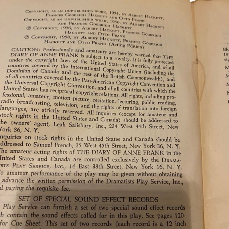 1958 The Diary Of Anne Frank Dramatists Play Service Inc Vintage