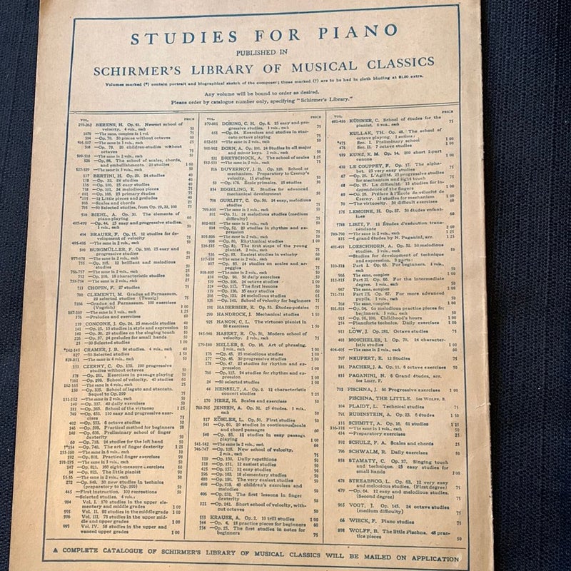 Antique 1898 Schirmer’s Library studies for the Piano
