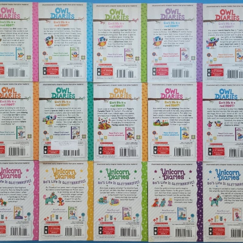 OWL & UNICORN DIARIES BOOK LOT OF 15 ALMOST FULL SET BY REBECCA ELLIOTT BRANCHES