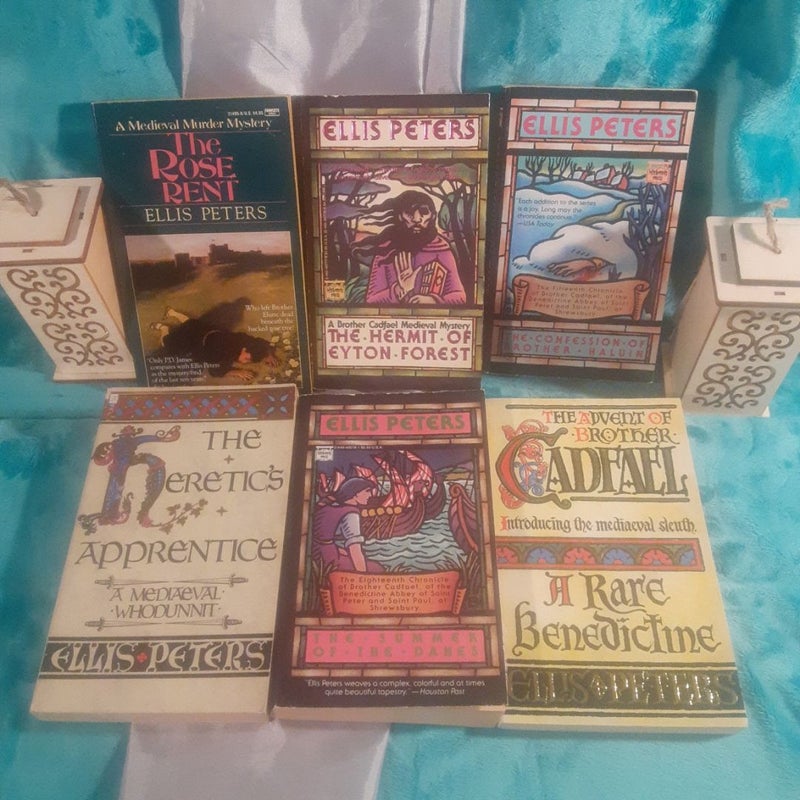 A Brother Cadfael Mystery book set by Ellis Peters, near complete set - 16 out of 21 books!  A Morbid Taste for Bones, Monk's Hood, St. Peter's Fair,
The Sanctuary Sparrow, The Pilgrim of Hate,
An Excellent Mystery, Raven in the Foregate, The Rose Rent,
The Hermit of Eyton Forest, The Confession of Brother Haluin,
The Heretic's Apprentice, The Potter's Field, The Summer of the Danes, The Holy Thief, Brother Cadfael's Penance, A Rare Benedictine