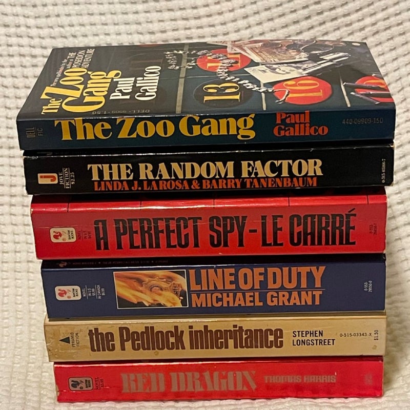 Red Dragon, Line of Duty, A Perfect Spy, The Random Factor, The Zoo Gang, The Pedlock Inheritance 