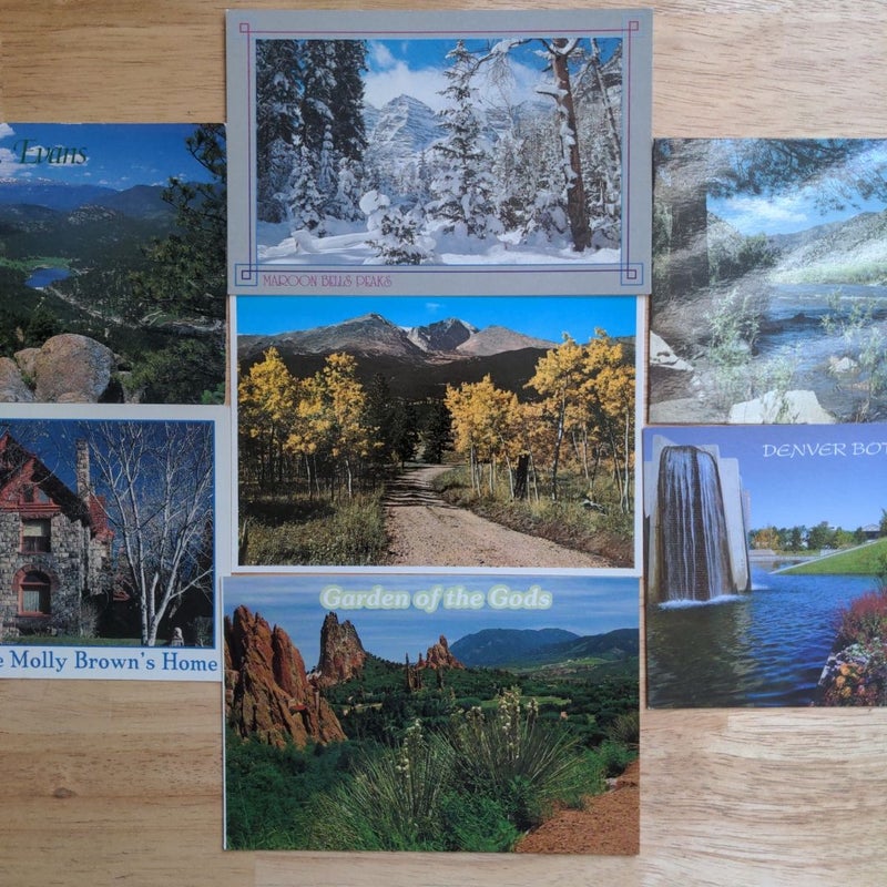 Postcards - Colorado (Set of 7) - Mt. Evans; Molly Brown's Home; Maroon Bells Peaks; Longs Peak; Garden of the Gods; Arkansas River; Denver Botanic Gardens 