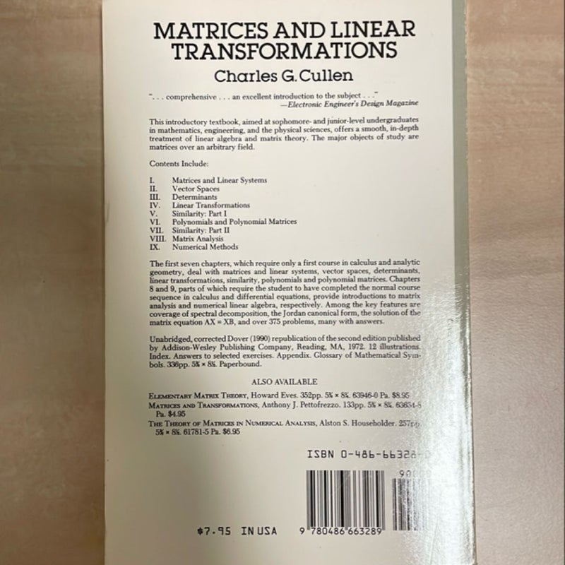 Matrices and Linear Transformations by Charles G. Cullen
