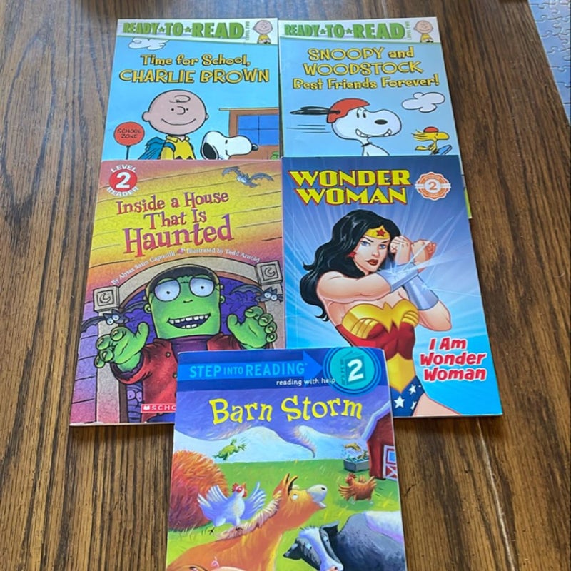 Bundle of 5 books: Time for School Charlie Brown, Snoopy & Woodstock Best Friends Forever, Inside a House that is Haunted, Wonder Woman, & Barn Storm