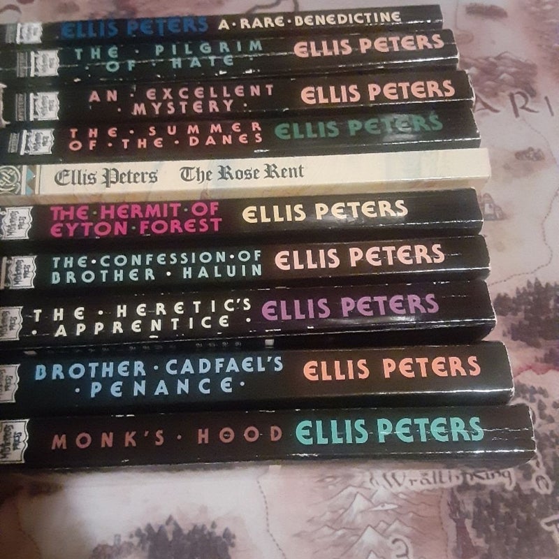 10  Brother Cadfael Medieval Monk Mysteries by Ellis Peters :
The Pilgrim of Hate, Summer of the Danes, Monk's Hood, Brother Cadfaels Penance, An Excellent Mystery