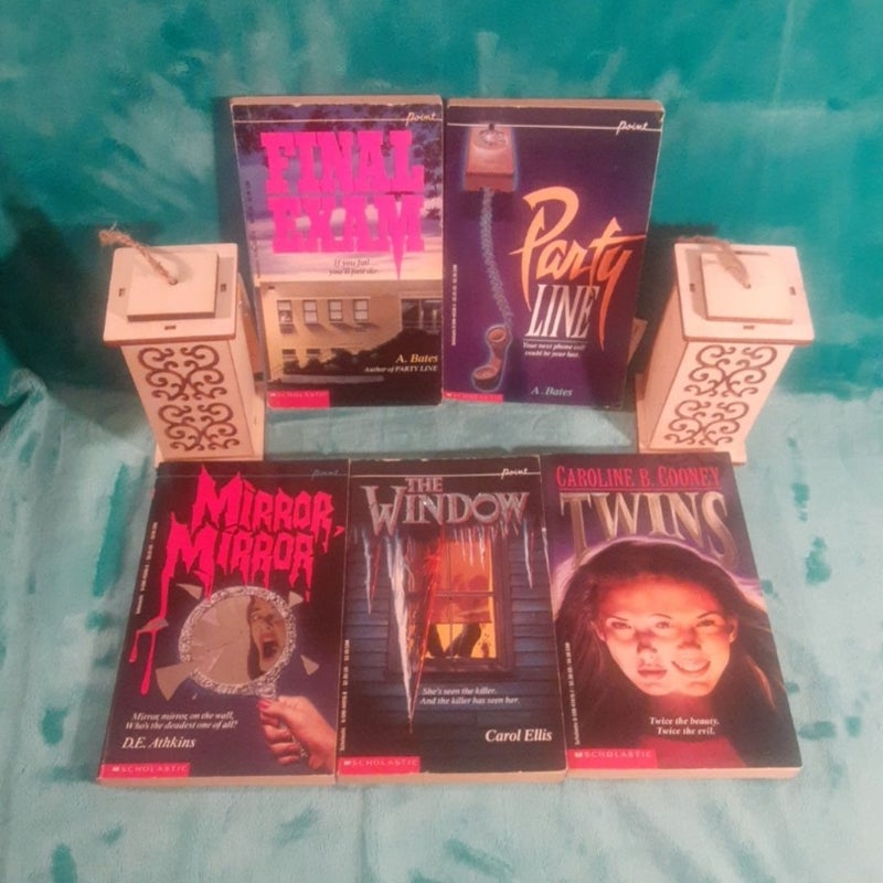 9 Scholastic Point Horror YA Teen Book Lot! Twins by Caroline Cooney,

Mirror, Mirror D.E. Athkins,
The Window Carol Ellis,
A. Bates: Party Line, Final Exam, Richie Tankersley Cusick: Trick or Treat, April Fools,
Diane Hoh: The Train, Fever