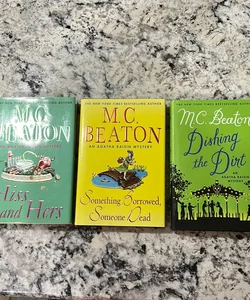 Lot of 3 Agatha Raisin Mysteries: Hiss and Hers/Something Borrowed, Someone Dead/Dishing the Dirt