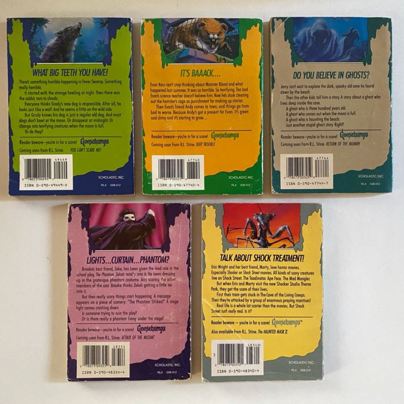 Goosebumps Lot of 9 Welcome to Dead House; Let’s Get Invisible; The Haunted Mask; Piano Lessons Can Be Murder; The Werewolf of Fever Swamp; Monster Blood II; Ghost Beach; Phantom of the Auditorium; A Shocker on Shock Street