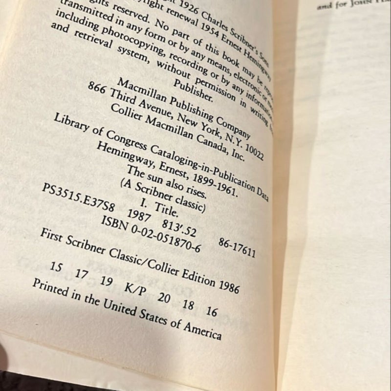 The Sun Also Rises *1986 First Scribner Classic/Collier edition