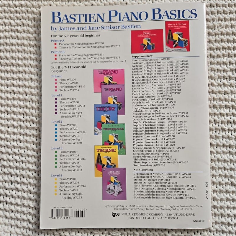 Set of 4 Bastien Piano Basics,- Theory, Technical, Performance and Piano Music Sheet Books -Level 1